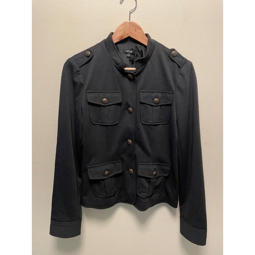 Apt. 9 Womens Jacket Medium Gray Gold Buttons 4 Pocket Steampunk Military Warm